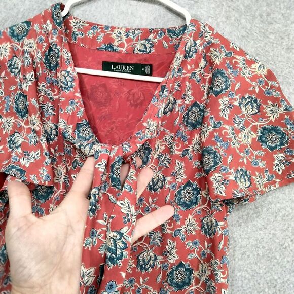 Lauren Ralph Lauren Blouse Womens M Coral Blue Floral Flutter Sleeve Tie Neck - Picture 6 of 12